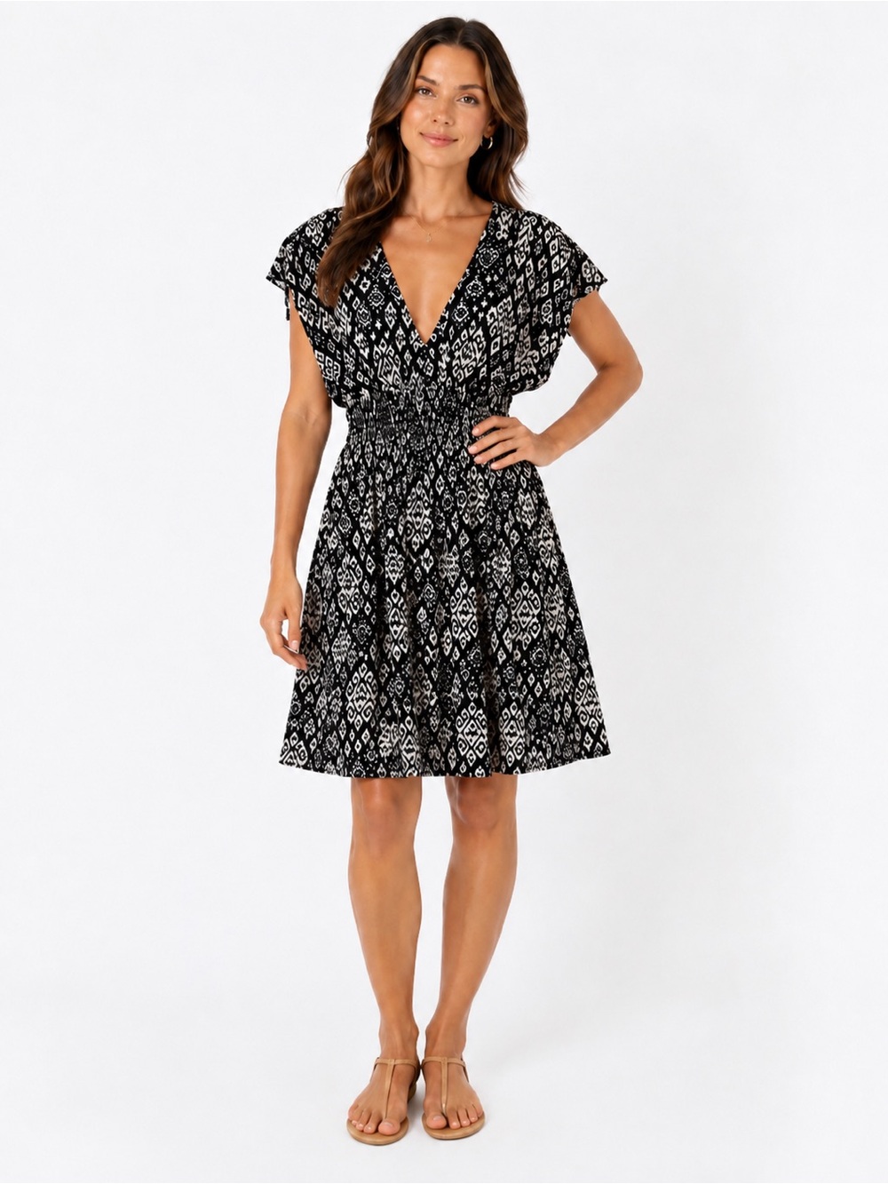 Old Navy Black White Ikat Print Dress Smocked Waist Size M Boho Resort Casual